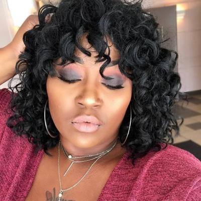 China Body Wave Andromeda Short Soft Black Big Curly Wigs for African American Women with Bangs Afro Kinky Curls Natural Looking Synthetic Wig for sale