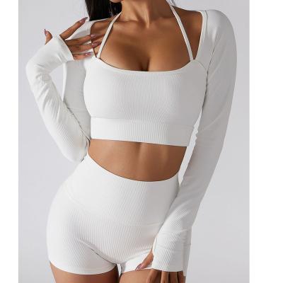 China 2022 New Design Yoga Wear Ribbed Long Sleeve Set Breathable Short Sleeve Summer Shorts Ties 5 PCS Sets Sports Clothes Sets Quick Dry for sale