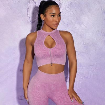 China Sweat-Wicking Seamless Zipper Women Ribbed Acid Wash Fitness Workout Yoga Set Core Sand Wash Tank Bra High Waisted Shorts Crack! crack! all for sale