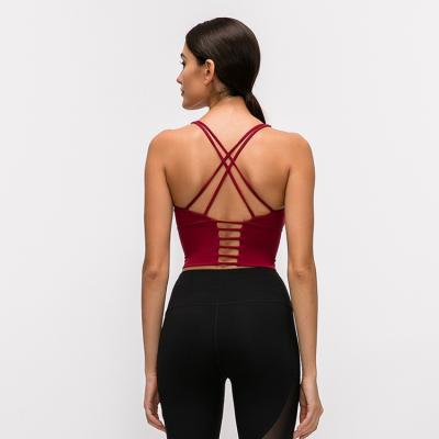 China Breathable pure color thin shoulder straps cross the top fitness of handsome sports bra backless sexy back underwear new for sale