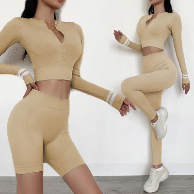 China Other 3 Piece 2020 New Gym Clothing Zipper Long Sleeve Top Shorts Two Piece Yoga Sets Fitness Women for sale