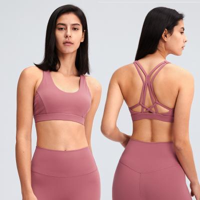 China 2021 New Arrival Lulu Stretch Color Four Way Firm Support Yoga Fitness Bra Spaghetti Fabric Breathable Sports Bra Top for sale