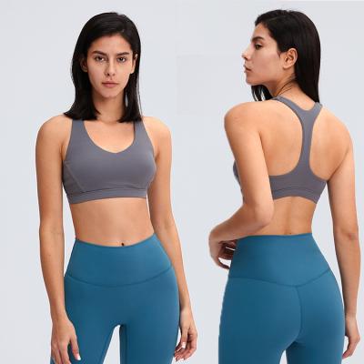 China 2021 Latest Lulu Sports Bra Breathable Four Way Back Stretch Firm Color T Fabric Yoga Bra High Support Yoga Bra for sale