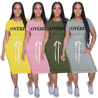 China Other Summer Print Letter Lace Up Slit Shirt Dress For Women S-4Xl Plus Size Dress for sale