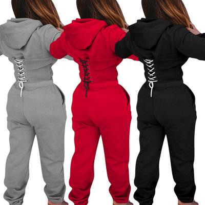 China Other Cropped Hoodie Sets Womens Jogging Pants Lace Up Back Sweater Outfit 2 Piece Suit for sale