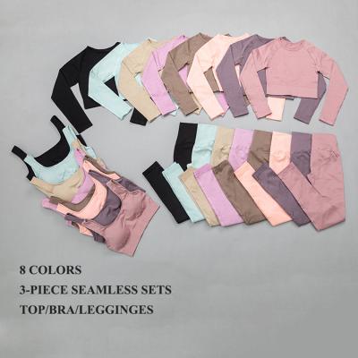 China OTHER 2020 Autumn Rib 8 Colors Yoga Long Sleeve Shirts Set Women Sports Pink Seamless Leggings Bra 3 Pcs Sets for sale