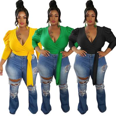 China Other Pretty Puff Sleeve Chiffon V-Neckline Ladies Blouses And Tops Plus Size T-Shirts For Women for sale