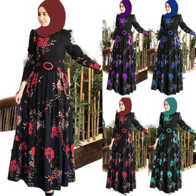 China Polyester 2021 White Ethnic Floral Print Abaya Dress Muslim Clothing Autumn New Women Custom Apparel Embroidered for sale