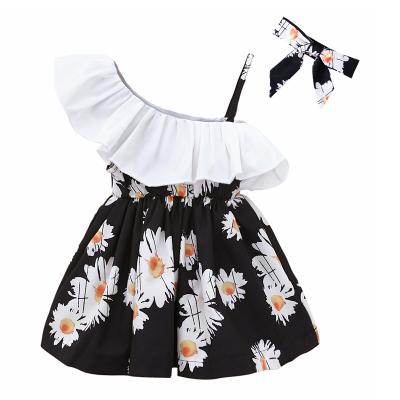 China Lotus Leaf Oblique Side Breathable Off-Shoulder Floral Dress + Bow Children's Two-Piece Wear for sale