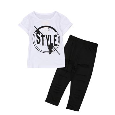 China Hip Hop Children's Summer Girl Letter Short Sleeve Shirt + Ripped Pants Fashionable Children's Two-piece Clothing for sale