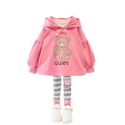 China Factory Wholesale Sweet Girls Autumn Cartoon Print Hooded Pullover Striped Leggings Kids Customize Girls Dressing Sets for sale