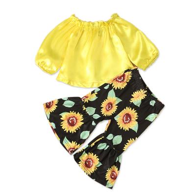 China Spring and Autumn Hip Hop Girls' Spring and Autumn Sunflower Tops + Long Sleeve Print Flared Two-Piece Pants for sale