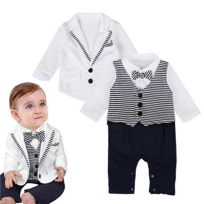 China Boy Gentleman Formal Bow Tie Striped Romper + Jacket Long Sleeve One Piece Boys Clothing Sets for sale