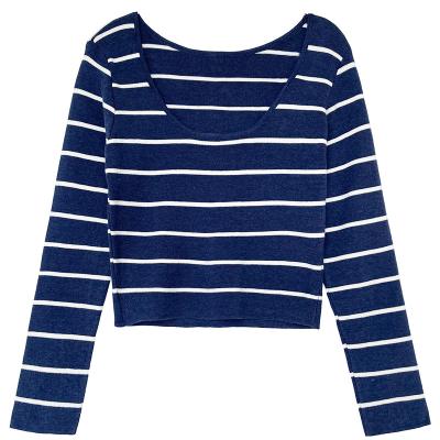 China Hot Selling Good Quality Fashion Autumn Spring U Neck Breathable New Stripe Pattern Basic Pullovers For Lady Women Sweaters Tops for sale