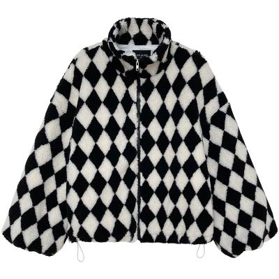 China Sale Good Quality Diamond Check Fleece Faux Fur Pocket Warm Breathable Coat Autumn Winter Oversize Stand Collar For Women Thick Parka for sale