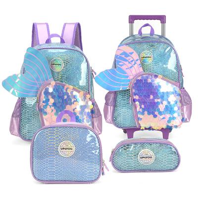 China Custom Wonderful Waterproof Wing Design Cartoon Kids Girls Beauty Children Rolled Backpack School Trolley Bags for sale