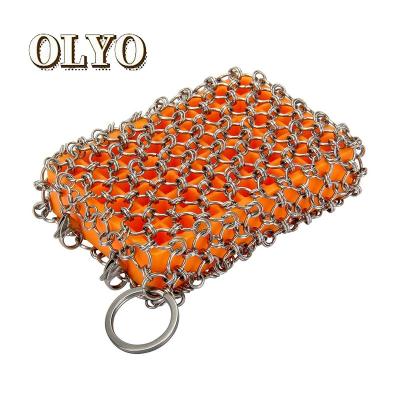 China 316 Sustainable Stainless Steel Chainmail Scrubber With Silicone Insert For Cast Iron Stove Pans for sale