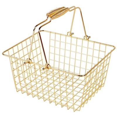 China Viable Wholesale Double Wire Mesh Shopping Storage Basket Metal Gold Handle for sale