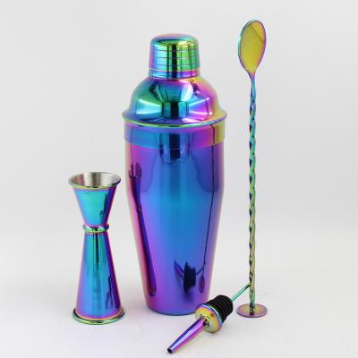 China Sustainable Multicolor Cocktail Shaker Set Stainless Steel Bar Set With Cocktail Small Measuring Spoon Pourer for sale