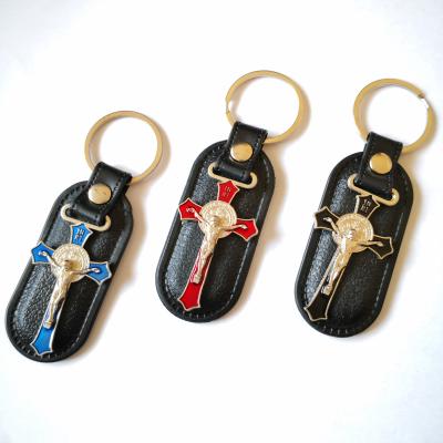 China Promotion Gift Religious Jewelry Leather Cross Key Chain Hanging Key Chain Available Catholic Orthodox Men and Women for sale