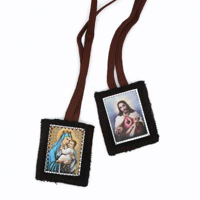 China Customized Religious Christian Handmade Brown Wool Rope Necklace Pendant Scapular Jewelry for sale