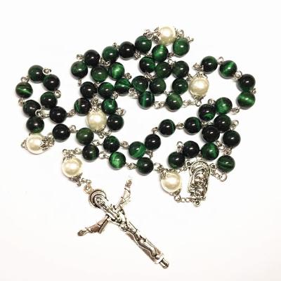 China Tiger Beads Church Rross Necklace Religious Green Rosaries Rosaries with Mother of Pearl Beads for sale