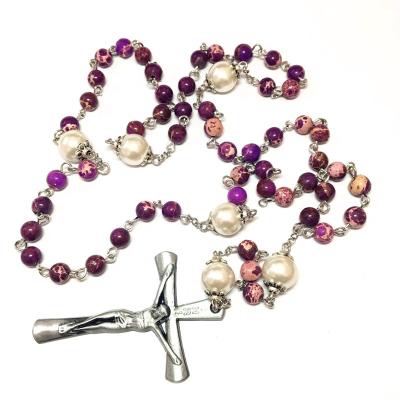 China 6mm Purple Turquoise Religious Customized Bracelet Cross Catholic Beads Necklaces Chain Rosary Dangle for sale