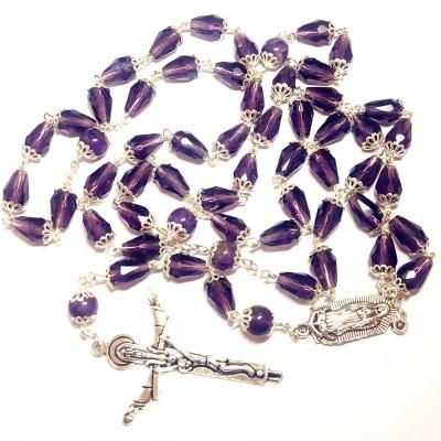 China Religious Silver Catholic Drop Shape Purple Crystal Rosary Beads Necklace For Women Fashion Gifts for sale