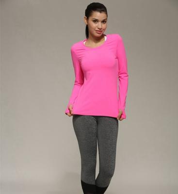 China solid color round neck  long sleeve nylon sports fitness T-shirt for ladies à venda