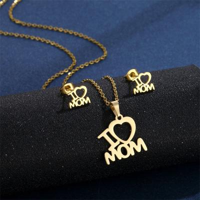 China FASHIONABLE Chic 2 Pcs/Set 18K Gold Plated Hollow Stud Earrings MOM Stainless Steel Heart Stainless Steel Pendant Necklace Jewelry Set I Love You for sale