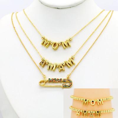 China 2 Pcs/Set Trendy Trendy 18K Gold Plated MOMS Bead Bracelet Letter Inlaid Zircon MOM Beaded Necklace Jewelry Set For Mother for sale