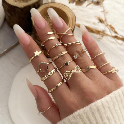 China Wholesale FASHIONABLE 17 PCs/Knuckle Ring Set Butterfly Ring Set Fashion Rhinestone Geometric Moon Star Pearl Set 14K Gold Plated for sale