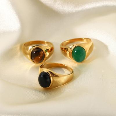 China Vintage High Quality 18K Gold Plated Tiger Eye Stone Agate Ring Stainless Steel Natural Stone Rings For Women for sale