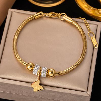 China FASHIONABLE Wholesale Zircon Snake Chain Star Pentagon Evil Eyes Stainless Steel Round Inlaid Butterfly Charm Bracelet For Girls for sale