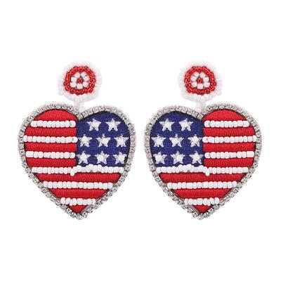 China FASHIONABLE Love Red Blue Red Heart Seed Bead Cloth Stud Earrings American Flag Rhinestone Independence Day Dangling Earrings for sale