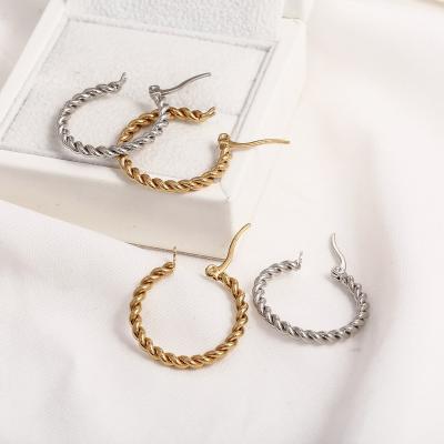 China Vintage Hip Hop 18K Gold Plated Twisted Rope Earrings Simple Stainless Steel Braided Open Circle Earrings For Women Men for sale