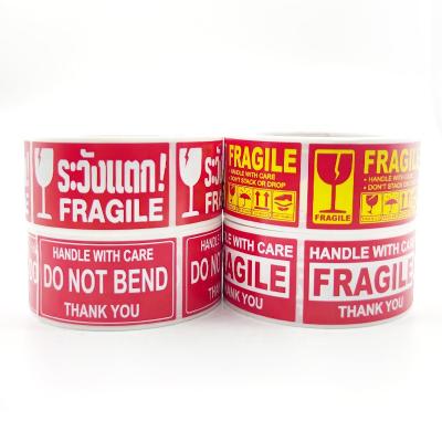 China Red and White Caution Cartoon Rectangle Sticker Waterproof Fragile Warning Label Coated Paper Stickers for sale