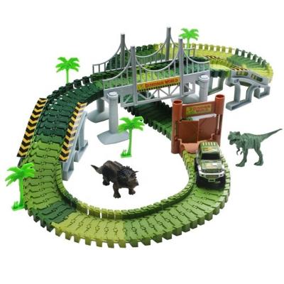 China Flexible Slotted Toy Amazon 142 PCS Race Track Set Battery Opterated Toys Car Miniature Race Car Packing Track Set Dinosaur Park for sale