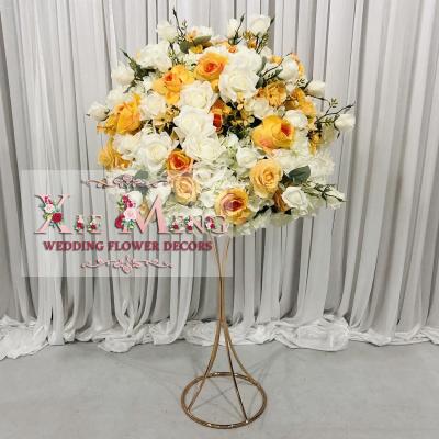 China Flower Centerpiece CEN-FL069 Wedding Flower Decorative Orange and White Roses Flower Ball in Gold Holder for Table Centerpiece Flore Decoracion Boda for sale