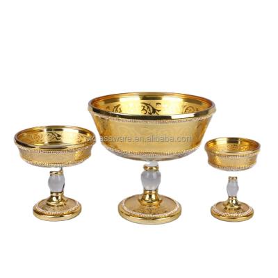 China The footed glass fruit bowl stocked with gold decoration, luxury gloden decorative painting, household items, gift for sale