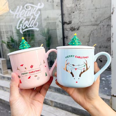 China 1 Piece Disposable Merry Cool Ceramic Color Christmas Tree Gift With Cover & Spoon Set Water Coffee Cup for sale