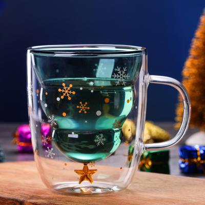 China 300ml Disposable Mugs Cute Double Wall Double-Layer Glass Tree Milk Cup Coffee Mug Christmas Gift for sale