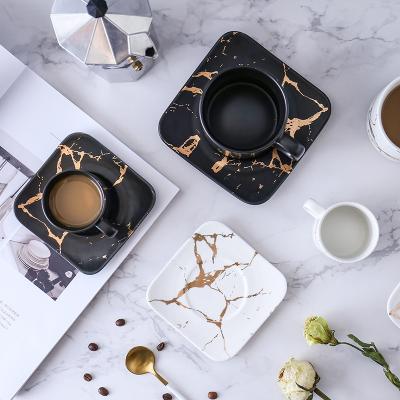 China Viable Luxury Marble Ceramic Saucer Sets Morning Cup Milk Coffee Tea Breakfast Porcelain Cup With Tray Drop Ship for sale