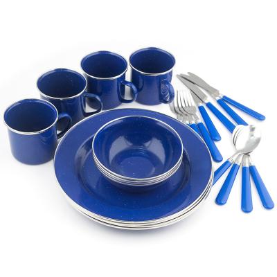 China Sustainable 24 Piece Blue Dappled Enamel Plated Crockery Camping Dinnerware Set for sale