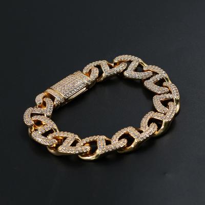 China Hiphop Hip Hop Bling Jewelry Gold Plating Iced Out Full Zircon Miami Cuban Chain Bracelet for sale