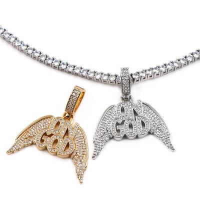 China Hiphop Fashion 18k Letter Necklace Angle Wing CZ Rock Stainless Steel Gold Plated Pendant Necklace for sale