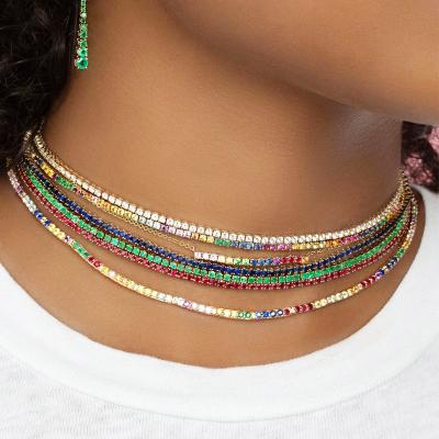 China FASHIONABLE Hot Sale Copper Gold Plated Colorful CZ Diamond Necklace Iced Out Inlay Tennis Chain Jewelry for sale