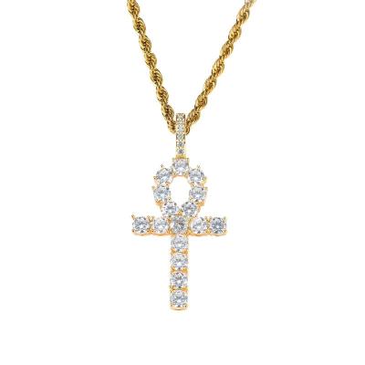 China Hiphop Stainless Steel Jewelry Ankh Head Crystal Cross Pendant Necklace for sale