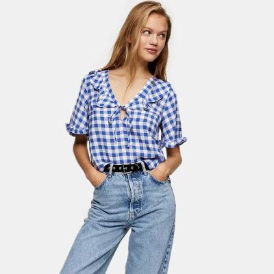 China New Arrival Anti-Shrink Female Fashion Gingham Check Frill Blue Vintage Blouse for sale