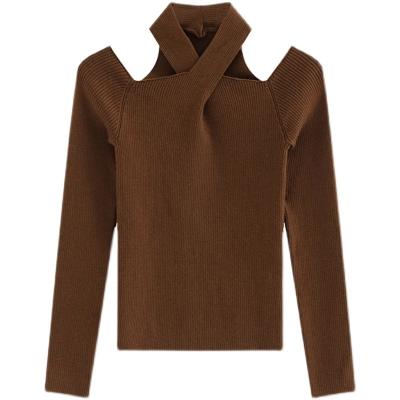 China Custom Women's Autumn Collar Soft Strapless Cross Cross Wool Anti-Shrink Slim Office Knit Sweater for sale